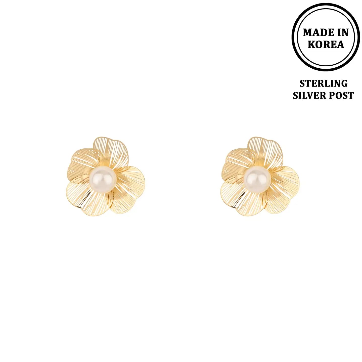 Gold Flower with Pearl Sterling Silver Post Earrings