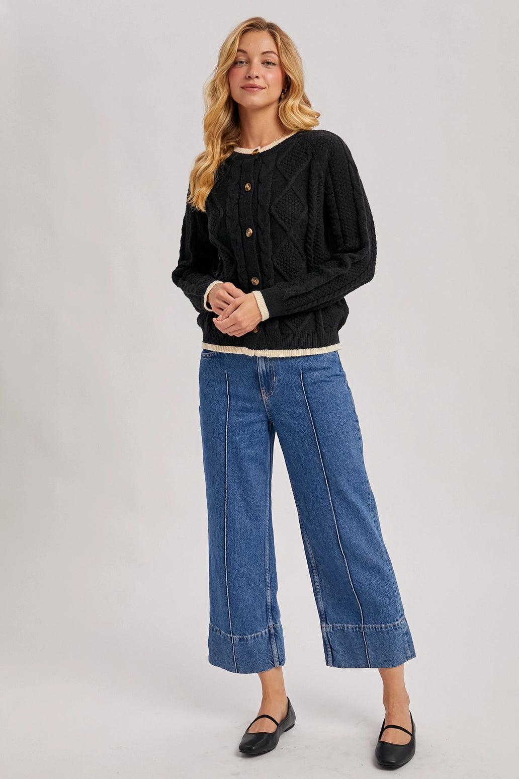 Button Down Cable Knit Sweater Cardigan