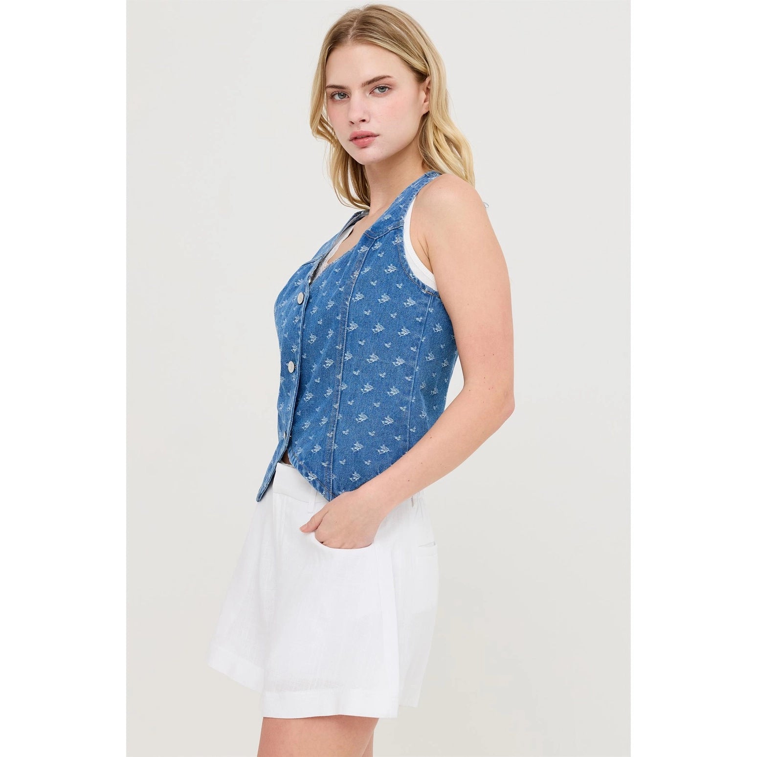 V-Neck Button Front Floral Denim Vest