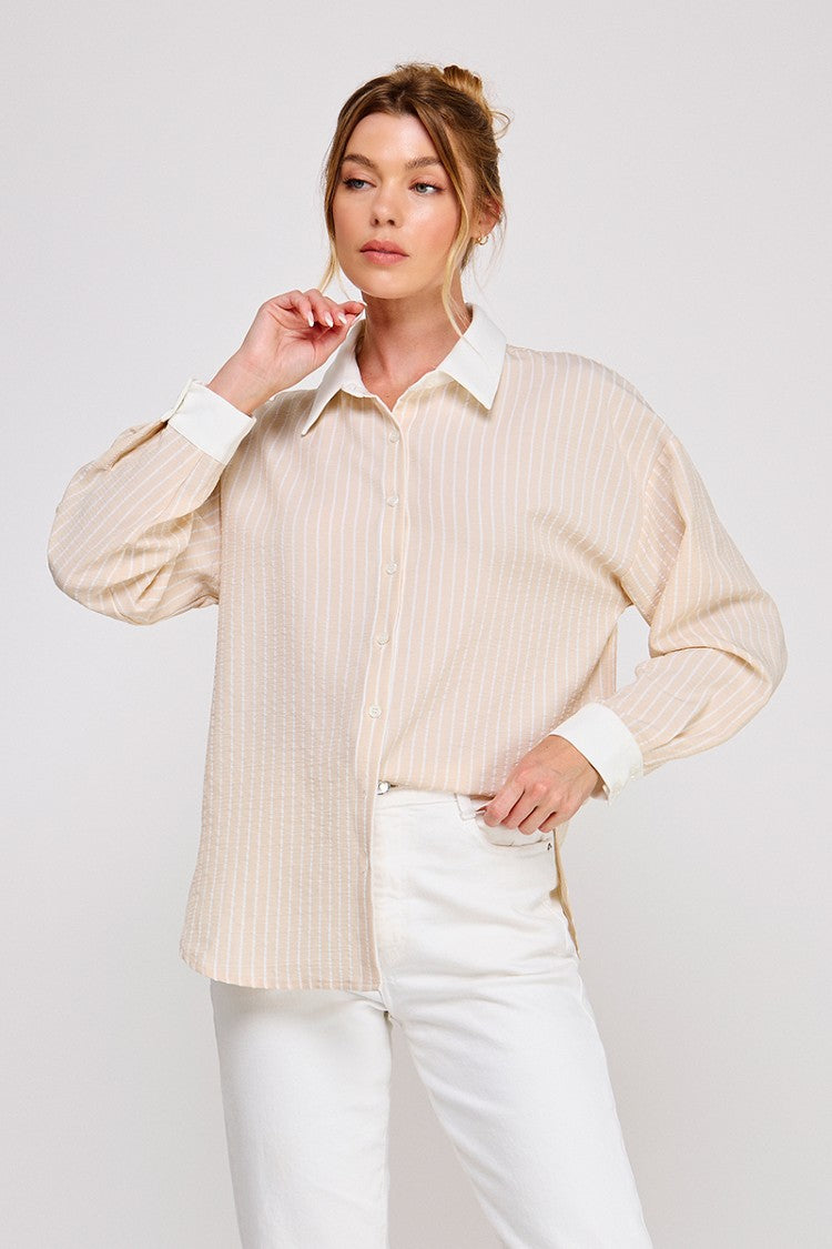 Sand Crinkle Strip Button Up