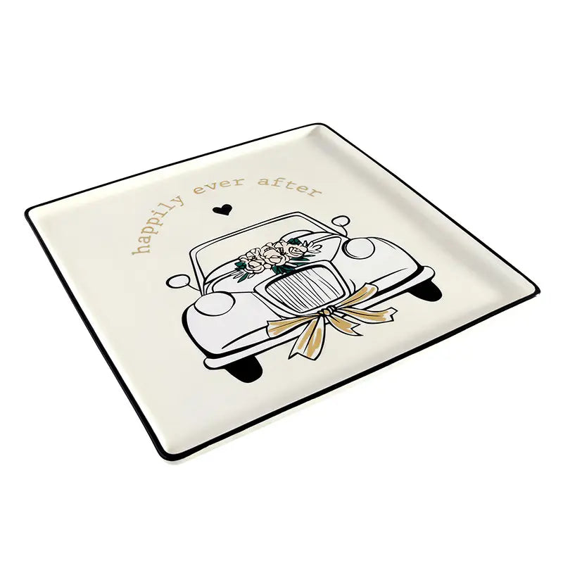Wedding Car Ceramic Platter – Square Serving Tray with Gold Foil Detail