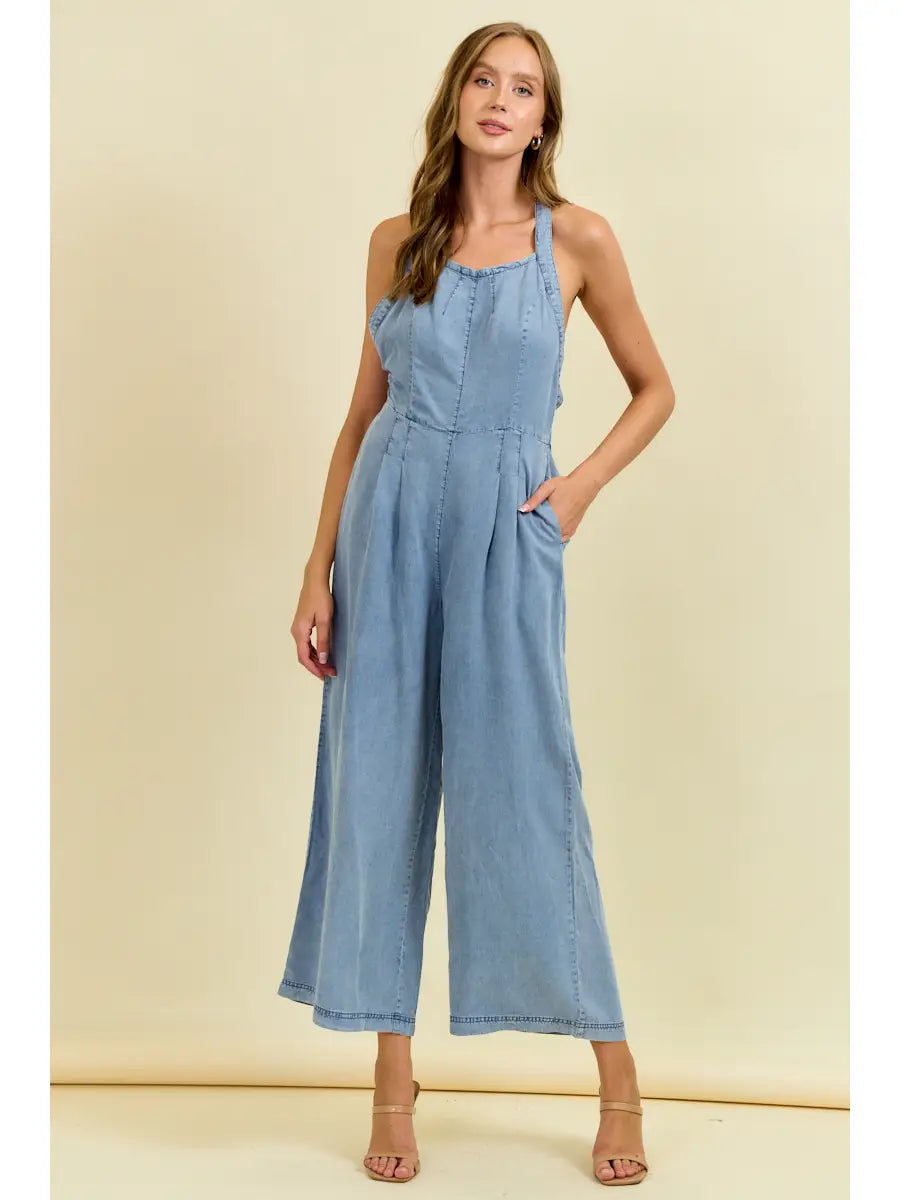 Tencel Denim Front Tie Wide Leg Jumpsuit