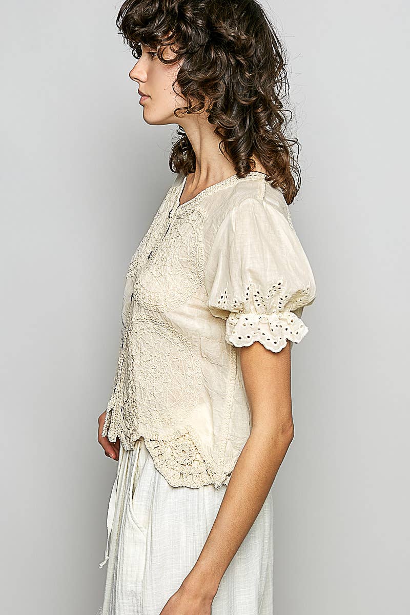 O/S Short Sleeve Button Crochet Top