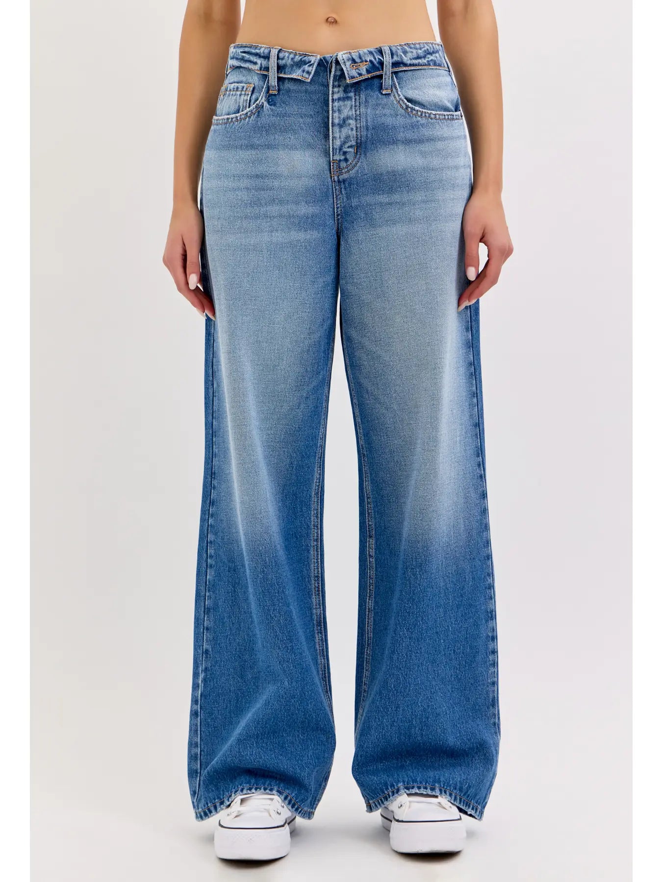 Folded Waistband Wide Leg Jean