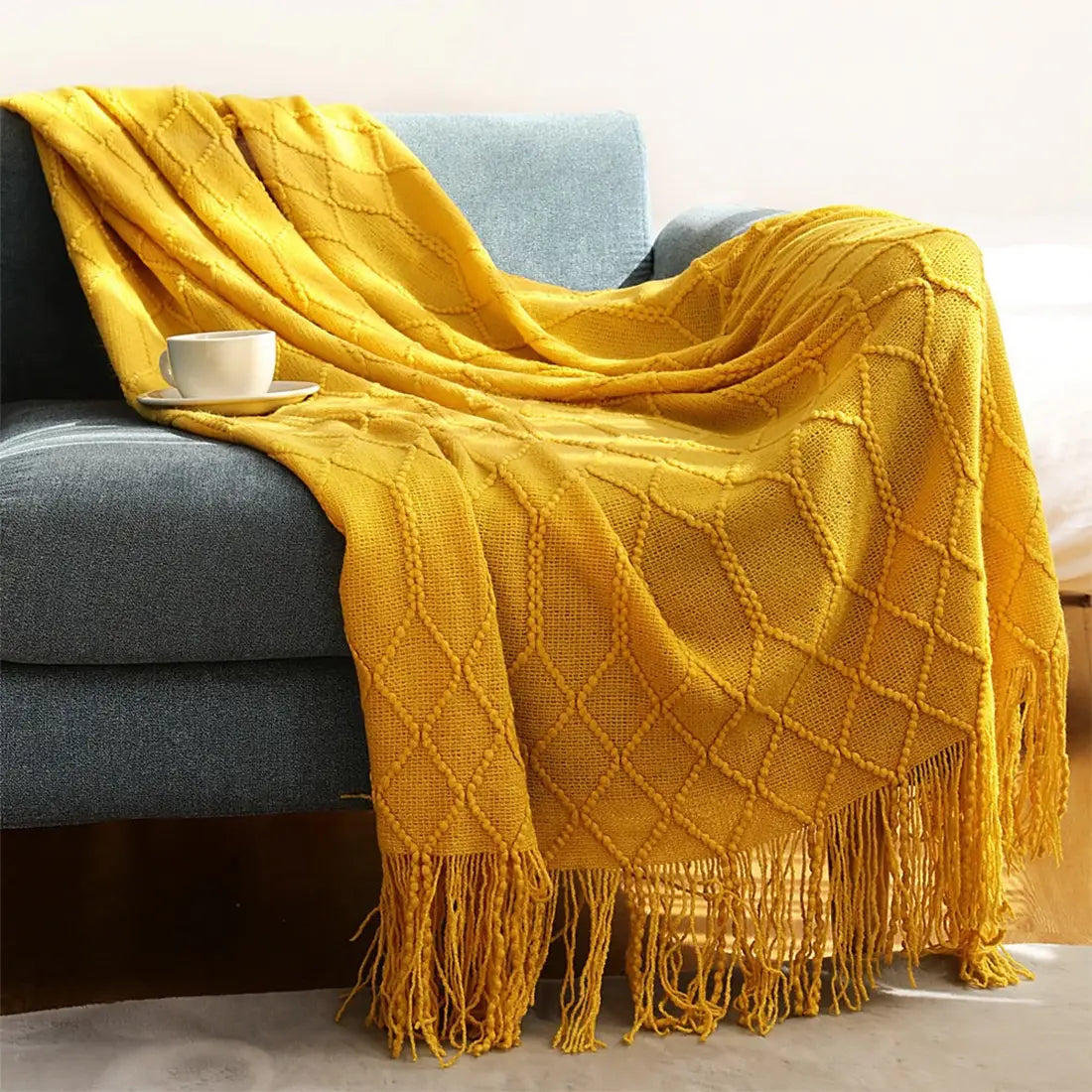 Rhombus Diamond Knit 50x60 Inch Throw Blanket- Mustard