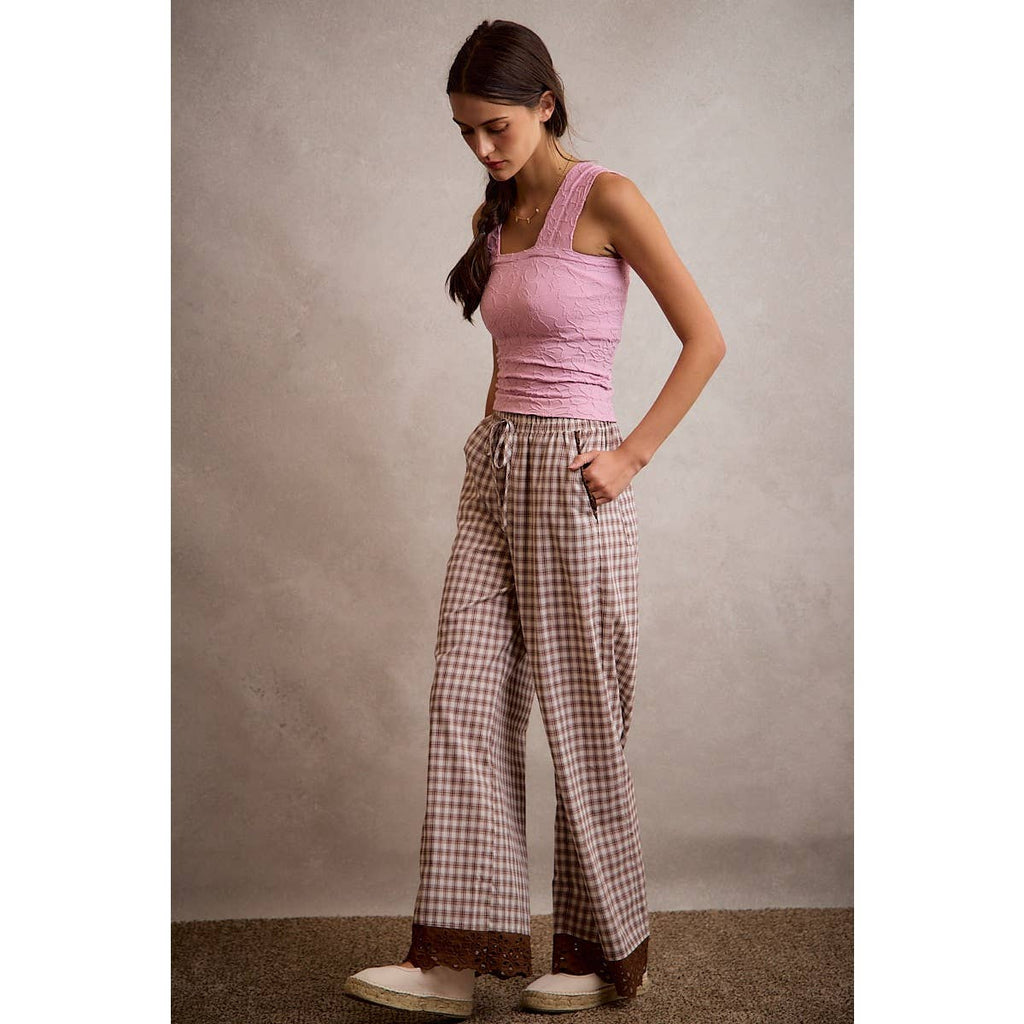Gingham Lace Trim Wide Leg Pant