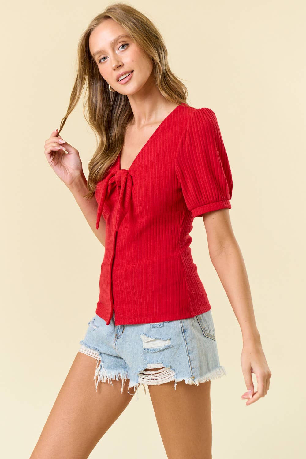 TIE FRONT POINTELLE KNIT BLOUSE