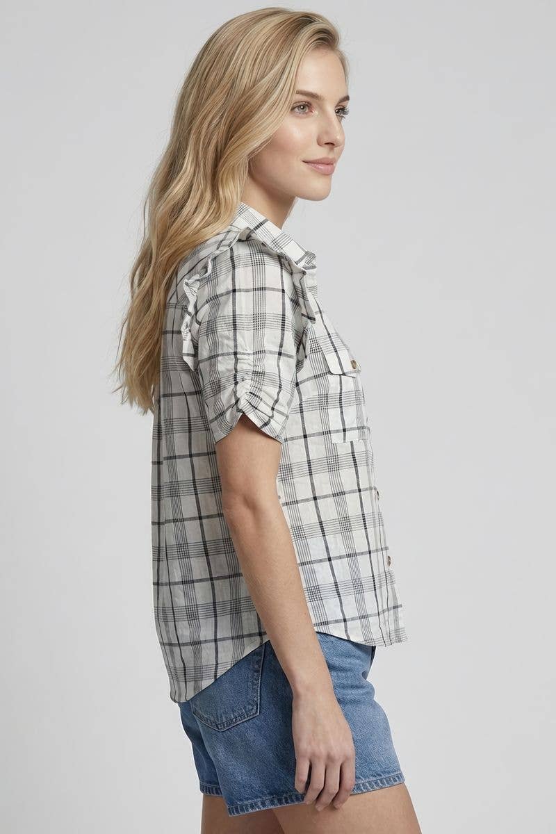 PLAID RUFFLE SLEEVE BUTTON DOWN