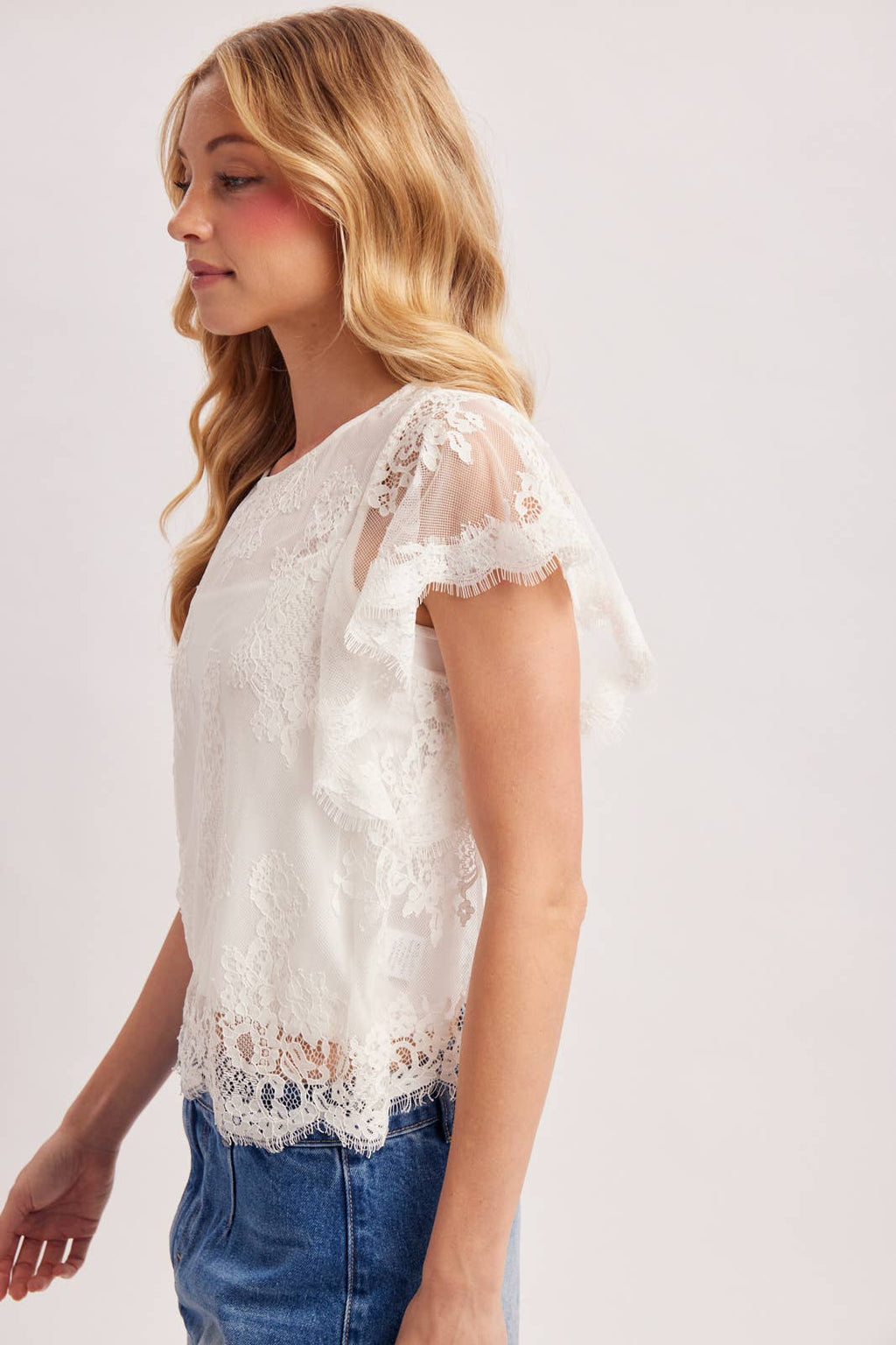 Sheer Floral Lace Flutter Sleeve Top