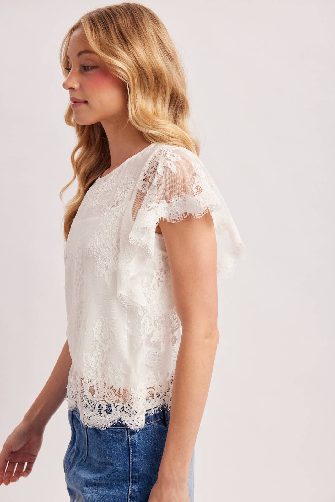 Sheer Floral Lace Flutter Sleeve Top