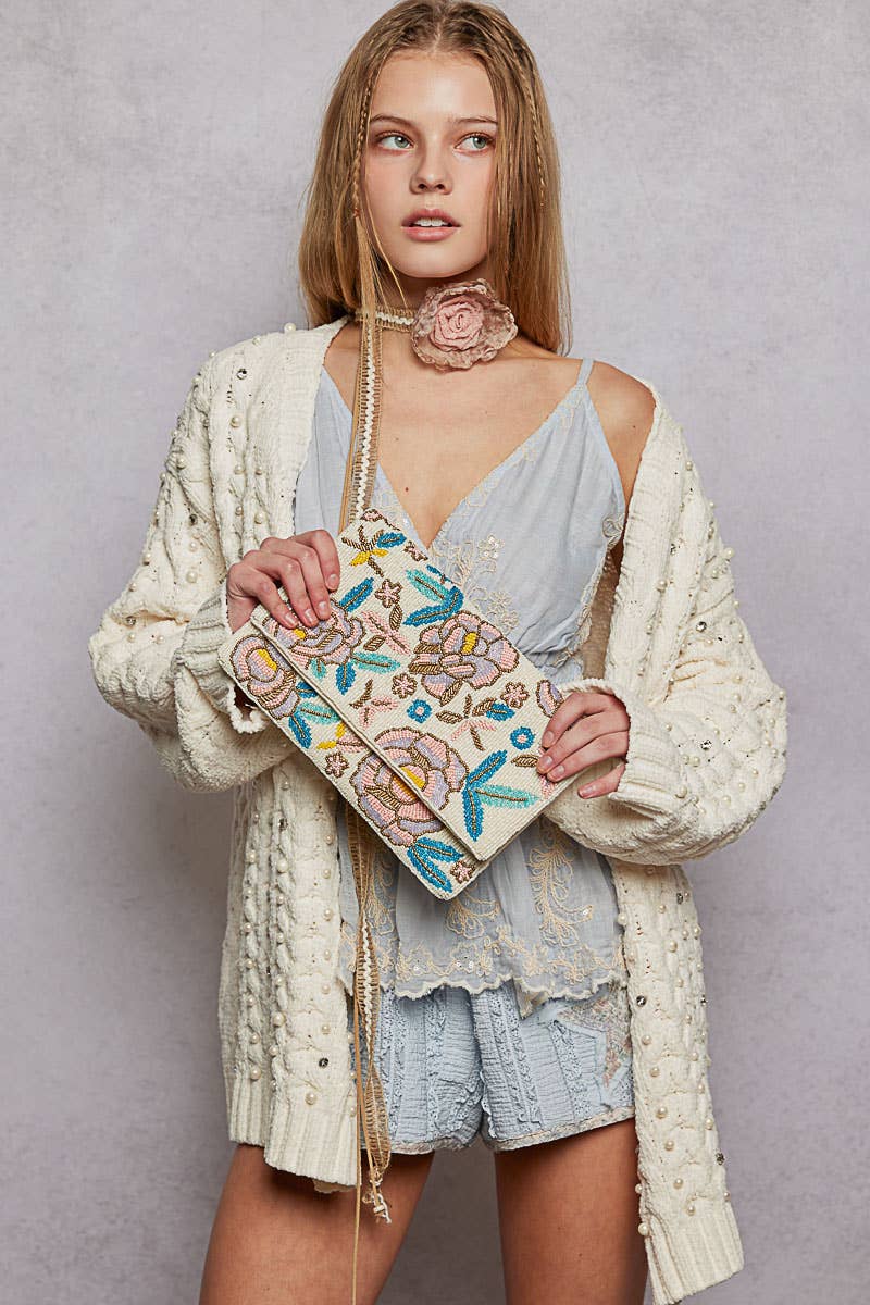 Floral Beaded Chain Strap Ivory Bag