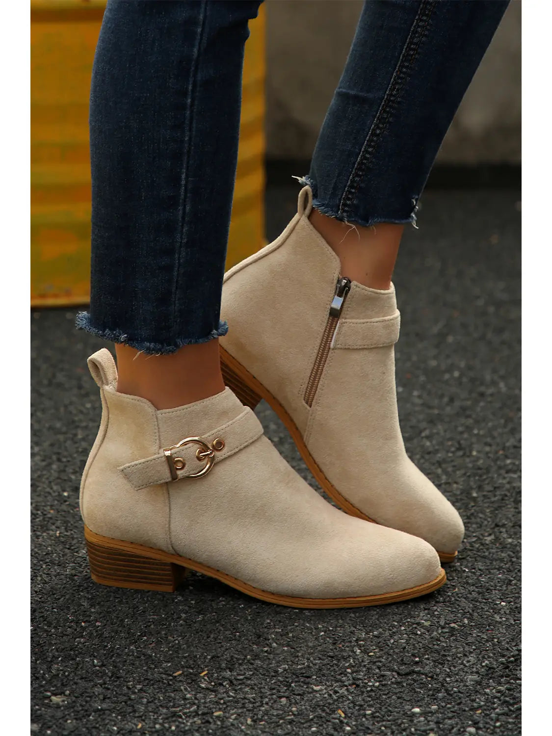 Women’s Classic Suede Boots – Chunky Heel with Buckle Strap