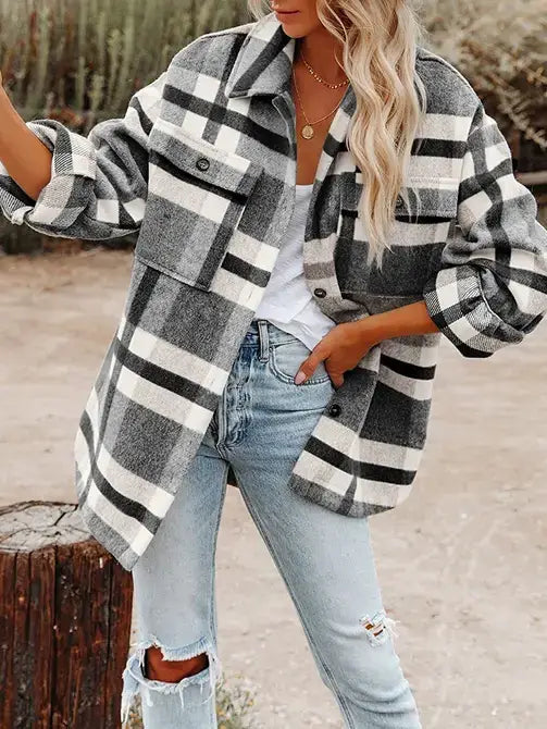 Black & White Plaid Button Flannel Shirt Jacket