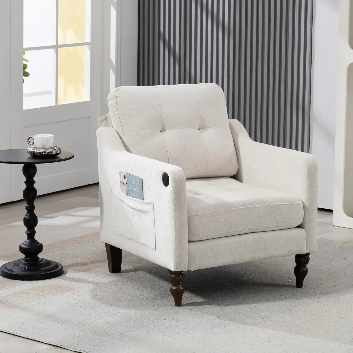 Mid-Century Accent Chair with Usb Charging Port, Chenille