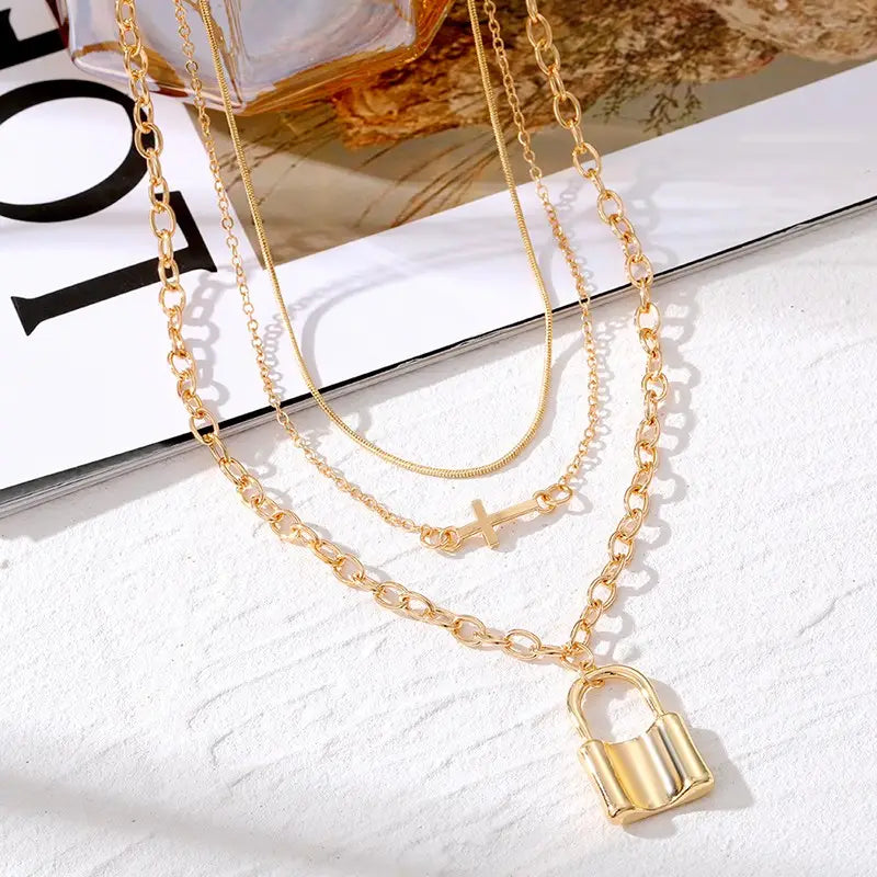 Layered Cross & Lock Charm Necklace