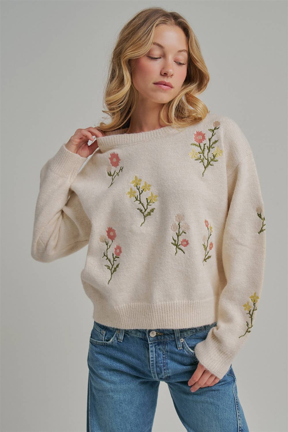 Scattered Embroidered Floral Sweater