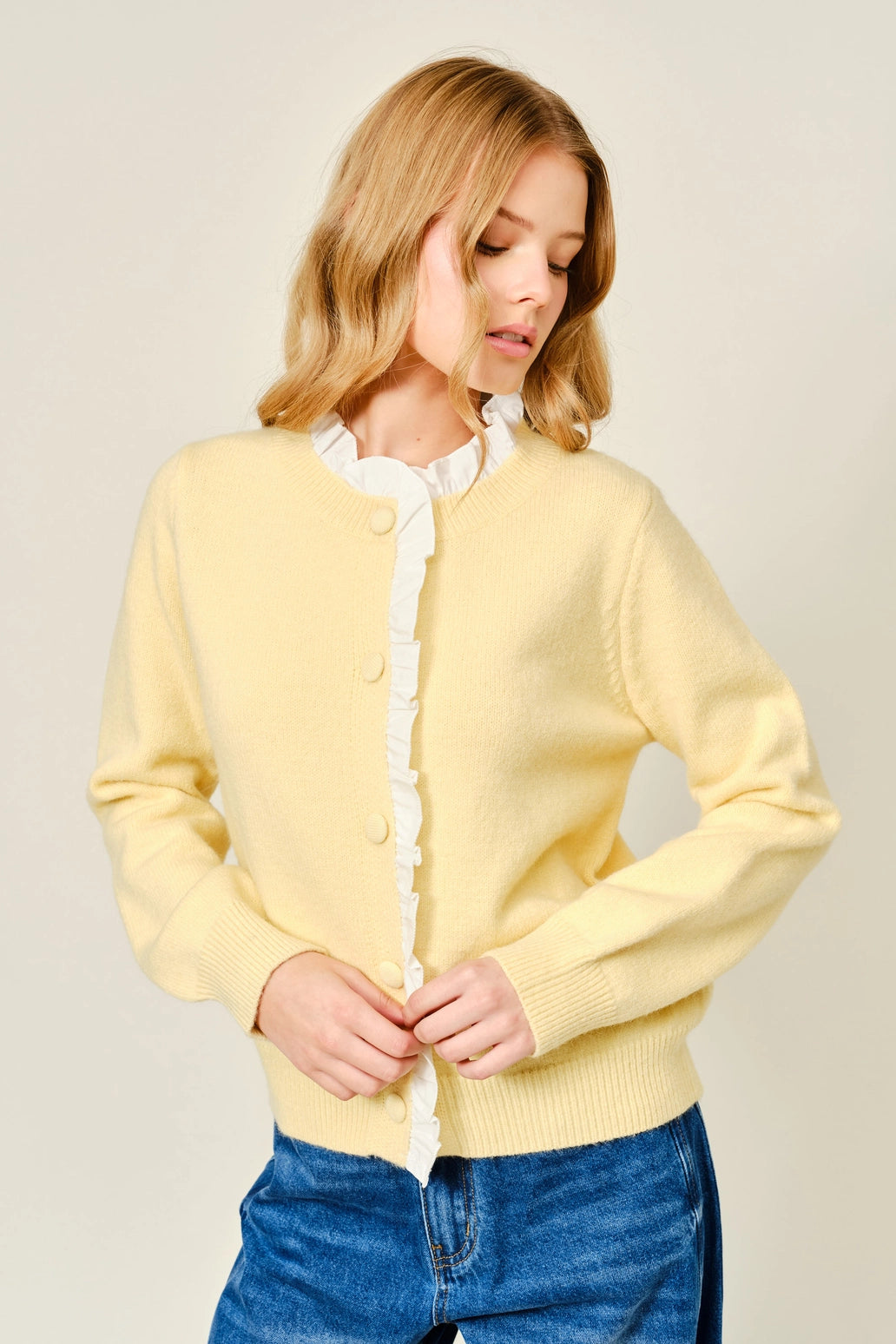 Yellow Ruffle Trim Cardigan