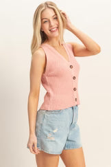 Pink Ribbed Button Front Tank