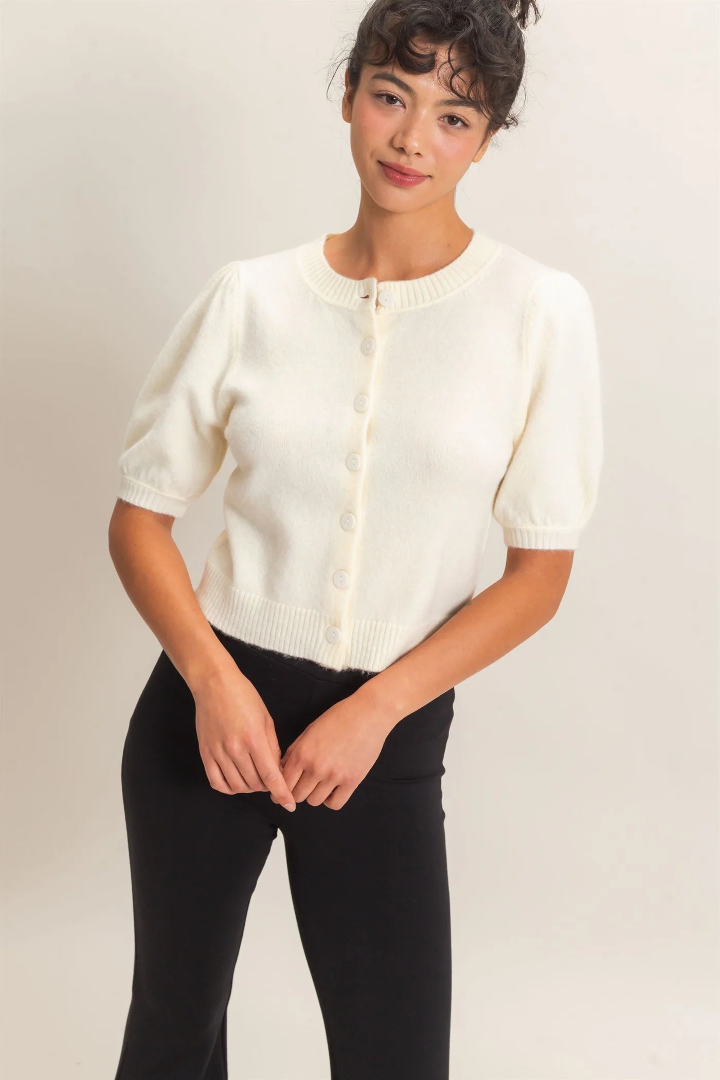 Button Front Puff Sleeve Cardigan