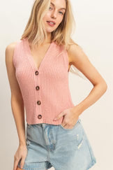 Pink Ribbed Button Front Tank