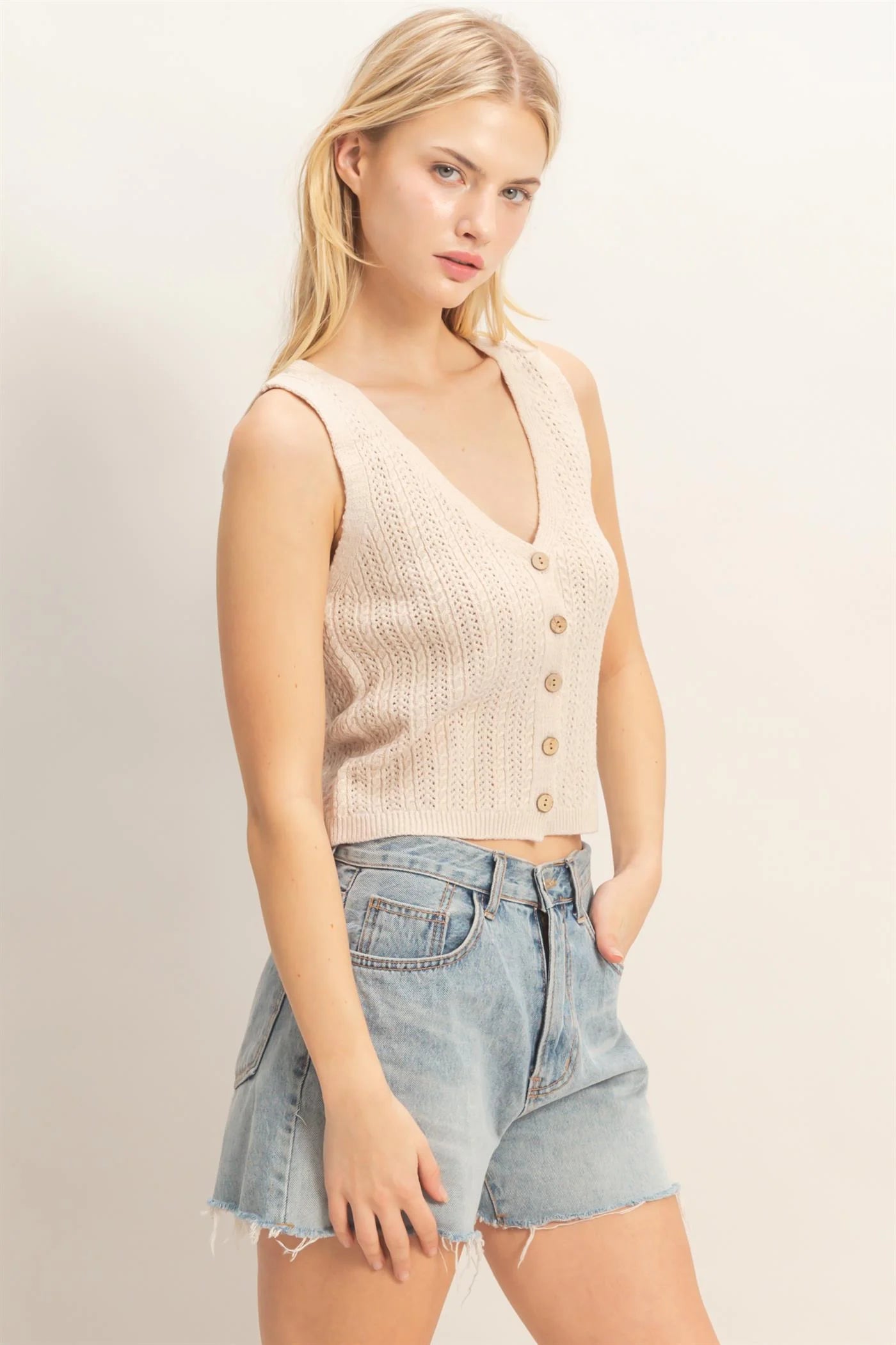 Sand V-Neck Knit Tank