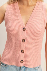 Pink Ribbed Button Front Tank