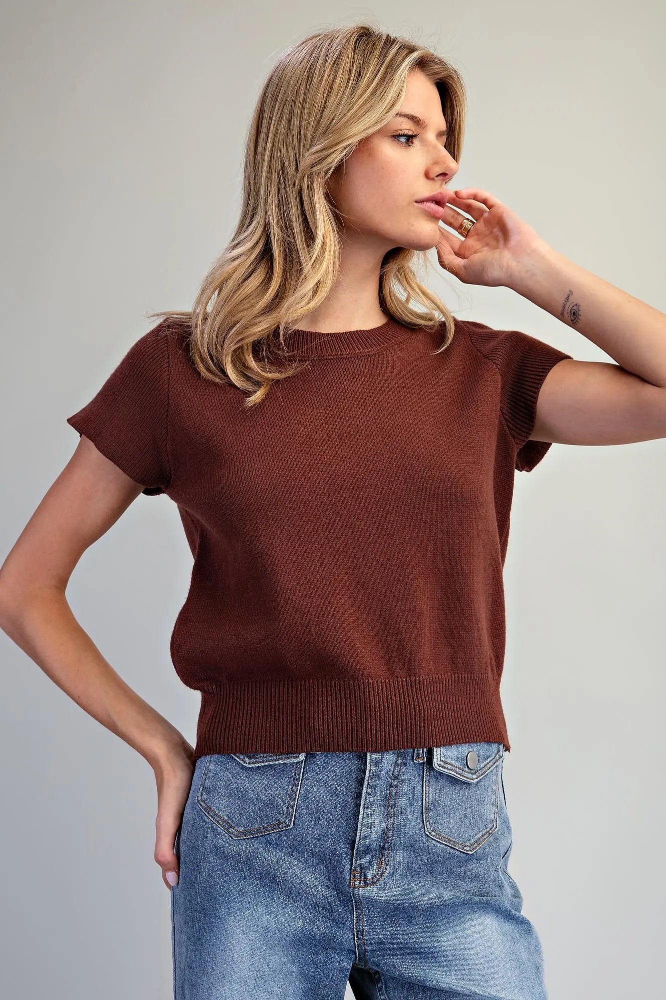 Pecan Short Sleeve Knit Top