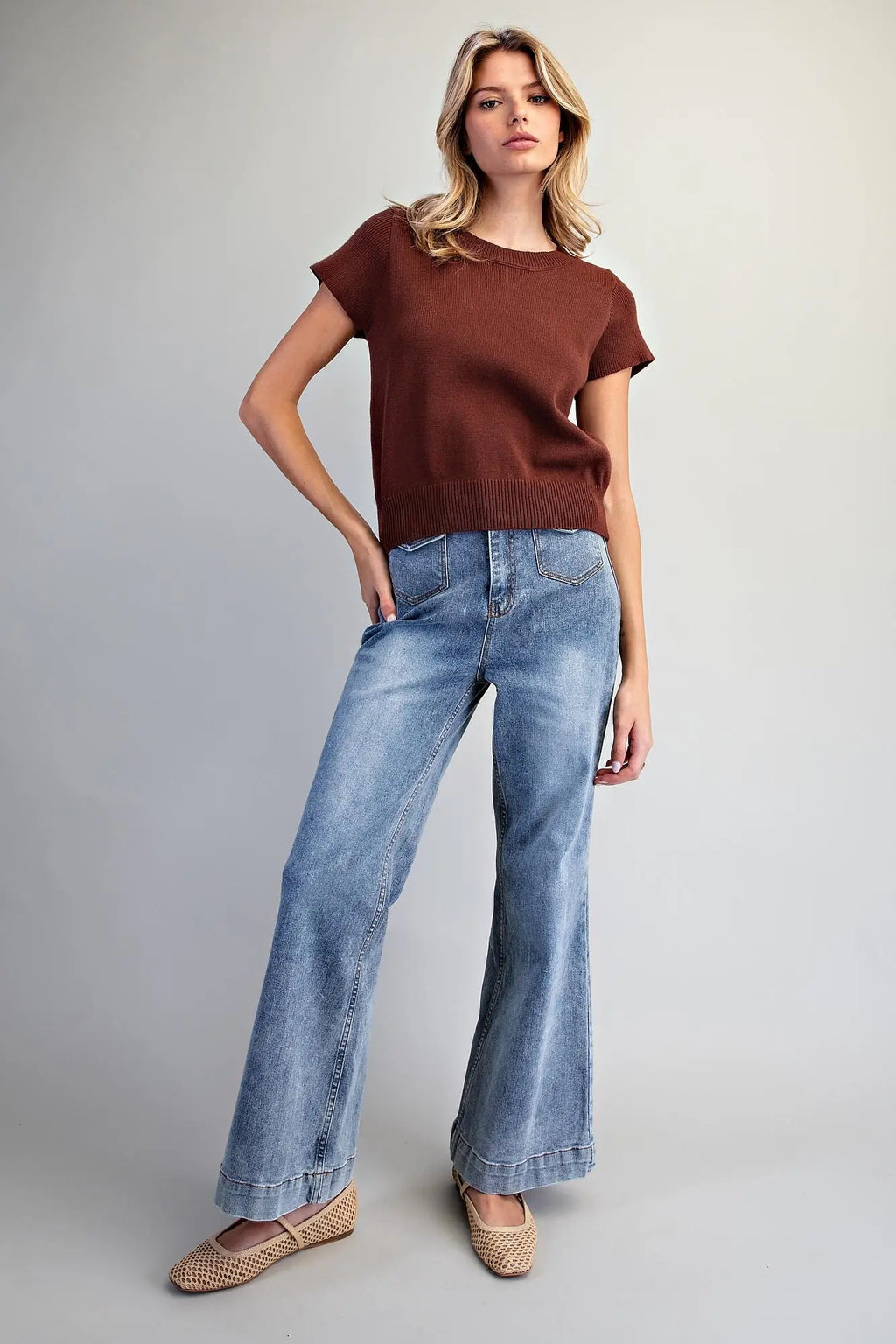 Pecan Short Sleeve Knit Top