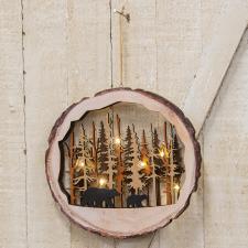 Wood Slice Bear Scene Hanger w/LED Lights