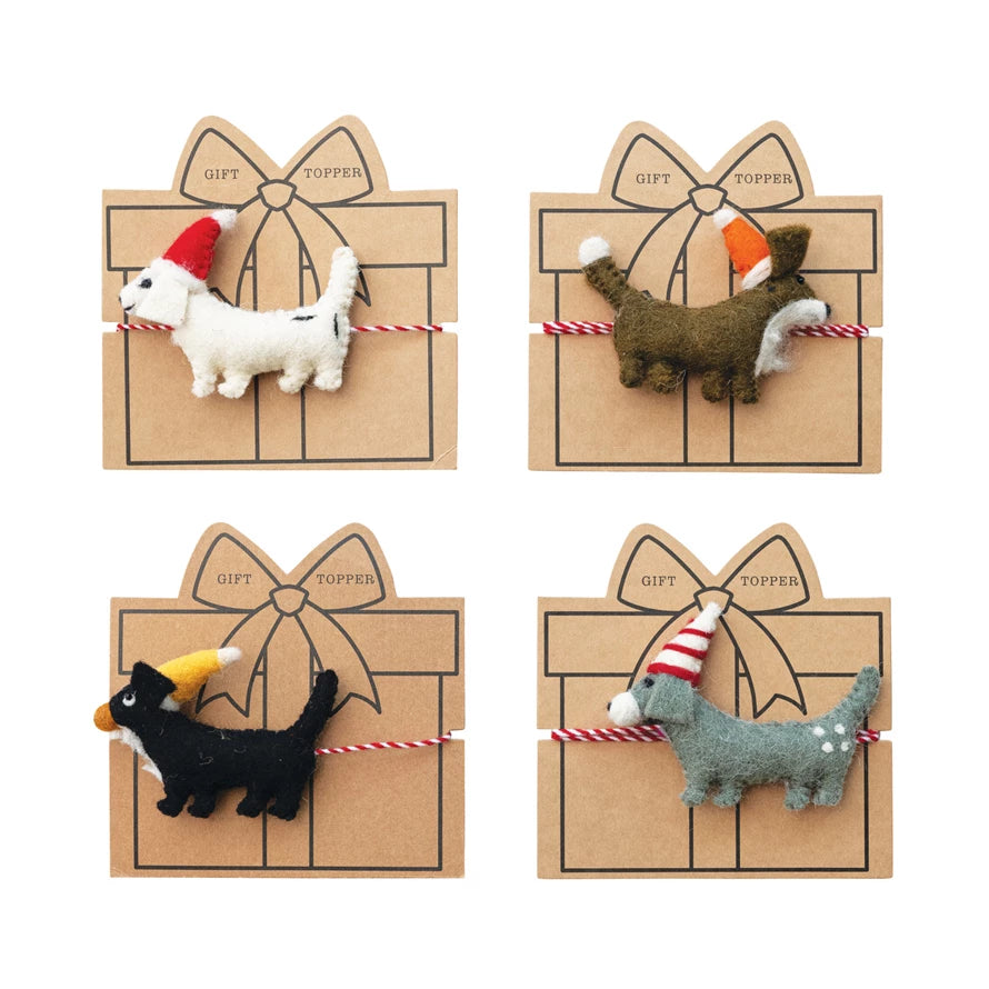 Wool Felt Dog with Hat Gift Topper